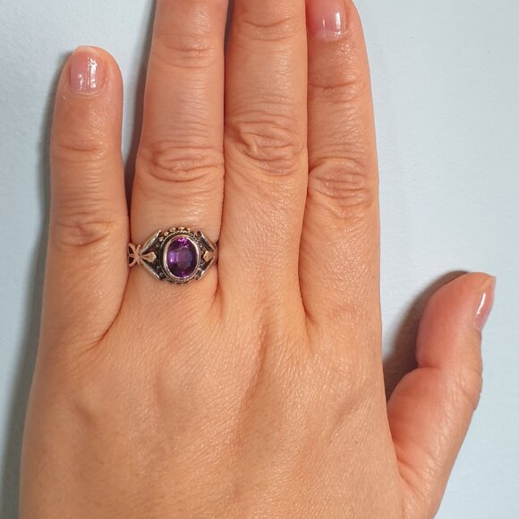 Vintage 9x 6mm Natural Amethyst 925 Sterling Silver Art Nouveau Ring - Picture 10 of 11